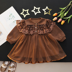 Little Girl Spring and Autumn Stylish Princess Dress 2024 New Children's Girls Baby Floral Edge Fashion Net Dress