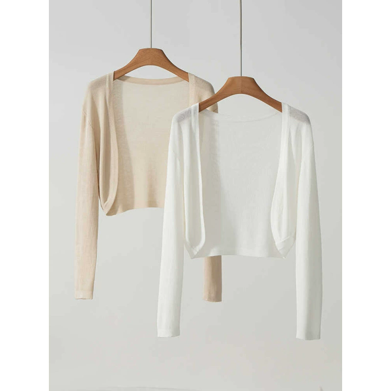 Лето 2025, новый вязаный солнцезащитный кардиган, женская тонкая верхняя шаль с длинными рукавами, короткая стильная блузка с юбкой на подтяжках