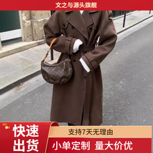 跨境女装气质复古纯色翻领双排扣系带收腰长款廓形秋冬毛呢外套