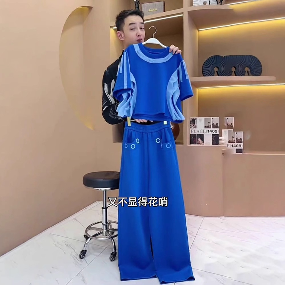 European Casual Sports Suit for Women Summer 2025 New Fashion Style Design Contrasting Color Short-Sleeved Two-Piece Set Trendy