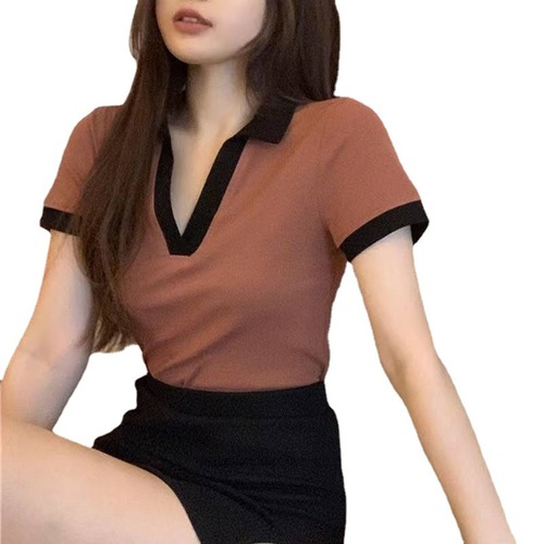 Summer Short Sleeve Collared T-Shirt for Women, Colorblocked Versatile Top, Unisex T-Shirt for Trendy Girls