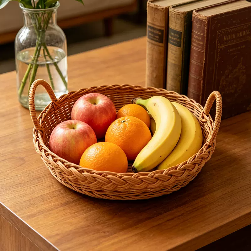 批发双耳提手茶具收纳托盘客厅桌面手工编织面包水果篮托盘藤编篮