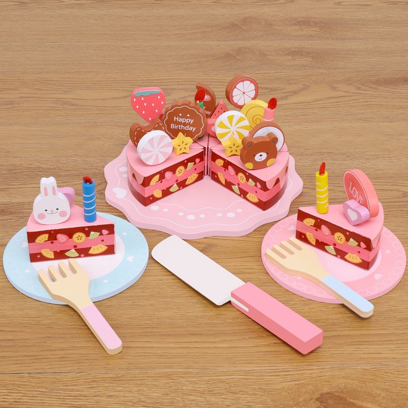 Niña de madera pastel cumpleaños simulación fruta corte juguete niño cocina juego casa traje