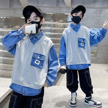 童套装春装新款男童长袖牛仔拼接两件套2023韩版儿童洋气套装批发