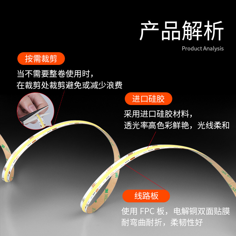 Tira de Luz LED COB Autoadhesiva 24V de Silicona Flexible para Pared de Fondo y Gabinetes