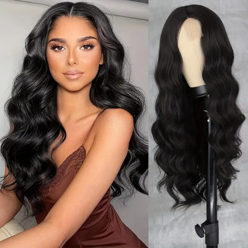 Peruca feminina longa e cacheada, estilo europeu/americano, com extensão para toda a cabeça, mechas com risca central, ondas grandes e degradê, sintética e com presilha._voghion.com