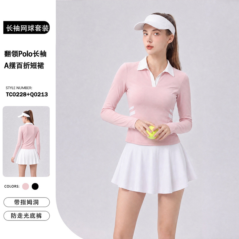 New autumn/winter polo long-sleeve tennis top for women, featuring a color-block design, slim fit, quick-drying fabric, and suitable for outdoor fitness and training New autumn/winter polo long-sleeve tennis top for women, featuring a color-block design, slim fit, quick-drying fabric, and suitable for outdoor fitness and training