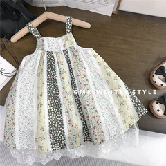 韓國童裝夏季新款女童森系圓領碎花連衣裙小女孩甜美蕾絲裙子外貿