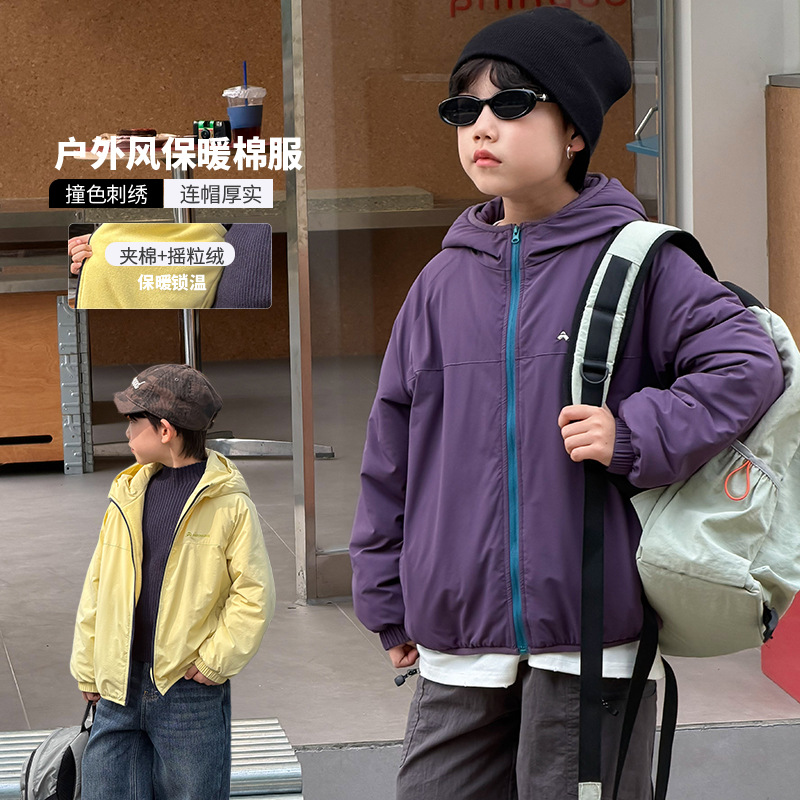 夹棉加绒~艾摩贝贝潮童双重保暖冲锋衣男女童2025冬撞色棉服外套