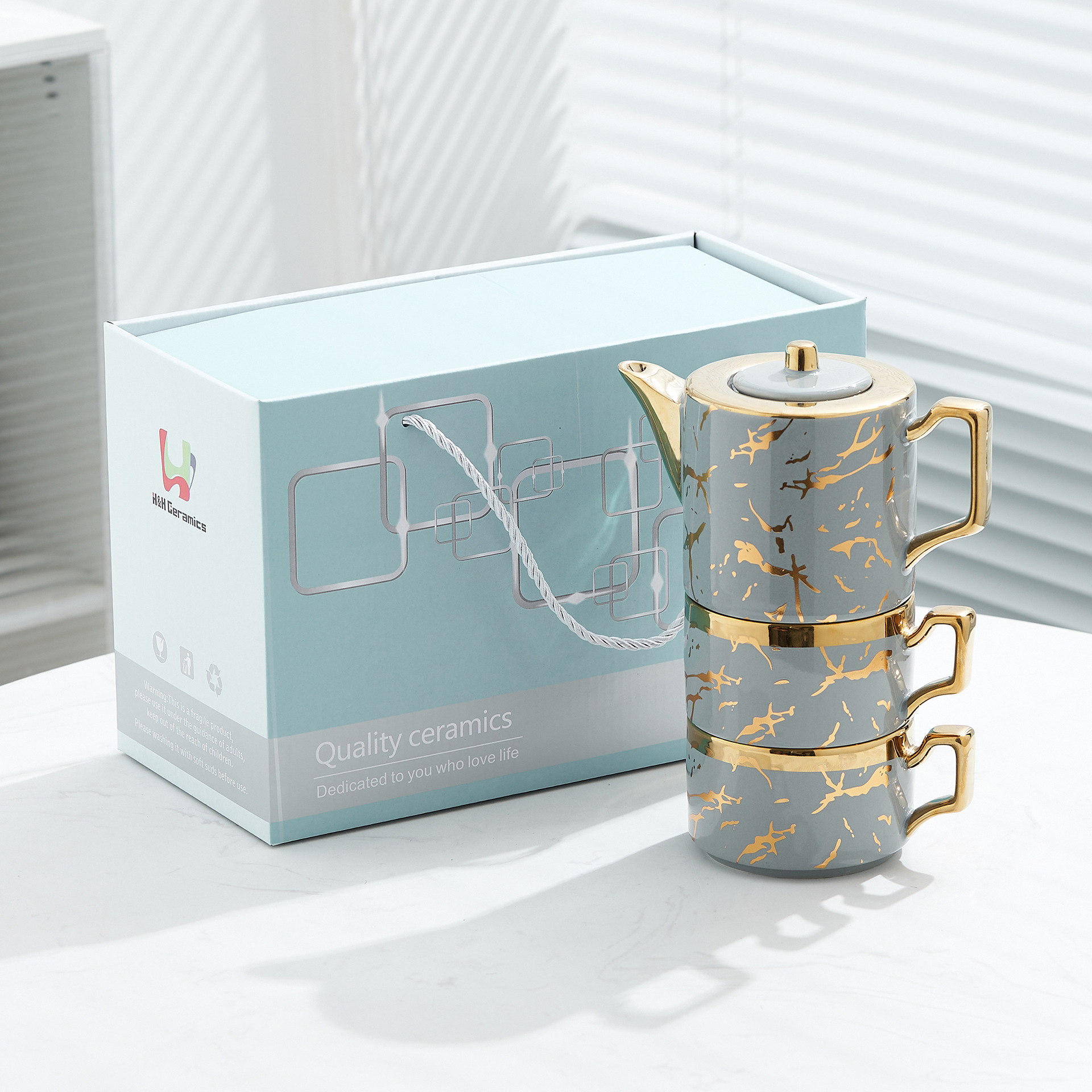 Oro marbling flor juego de té Nordic ins juego de té traje Luz de lujo tarde juego de té caja de regalo embalaje