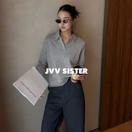 JVV十三行2026秋季新款通勤V领纯色POLO上衣休闲长袖T恤女潮01233