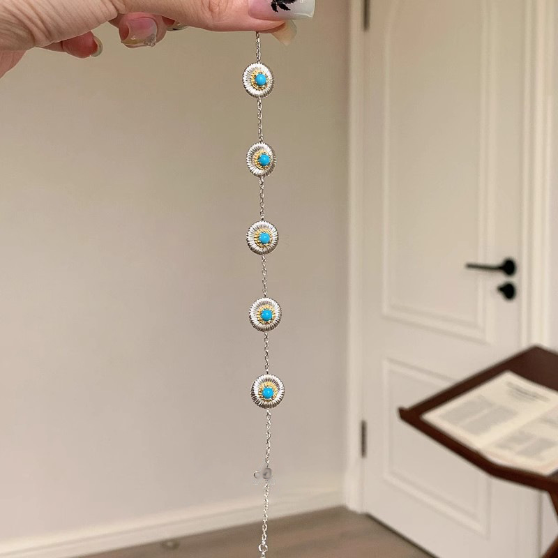 Suitable for Small Wrists ~ Whitening and Pullable Imitation Turquoise Brushed Daisy Silver Bracelet Feminine Bracelet Bracelet