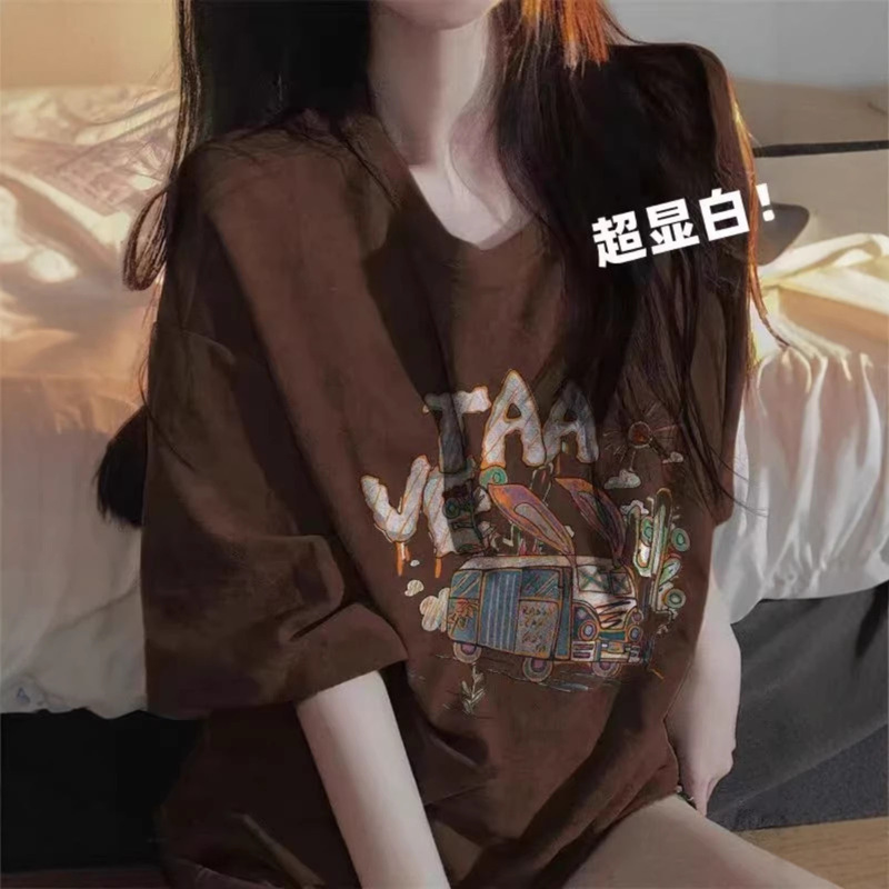 Plus-Size Brown American-Style Loose Oversized Short-Sleeve T-Shirt for Women, Summer Couple Half-Sleeve Top, Trendy