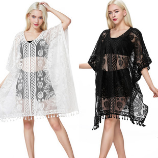 European and American Beach Cover-Up Lace Embroidered Bikini Beach Cover-Up Vacation Beach Skirt Women's Plus Size Cross-Border Amazon