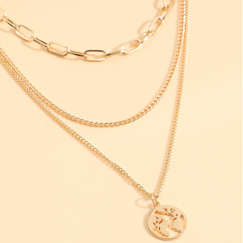 Fashion elegant Multi-layer Hollow Map Pendant Three-layer Necklace