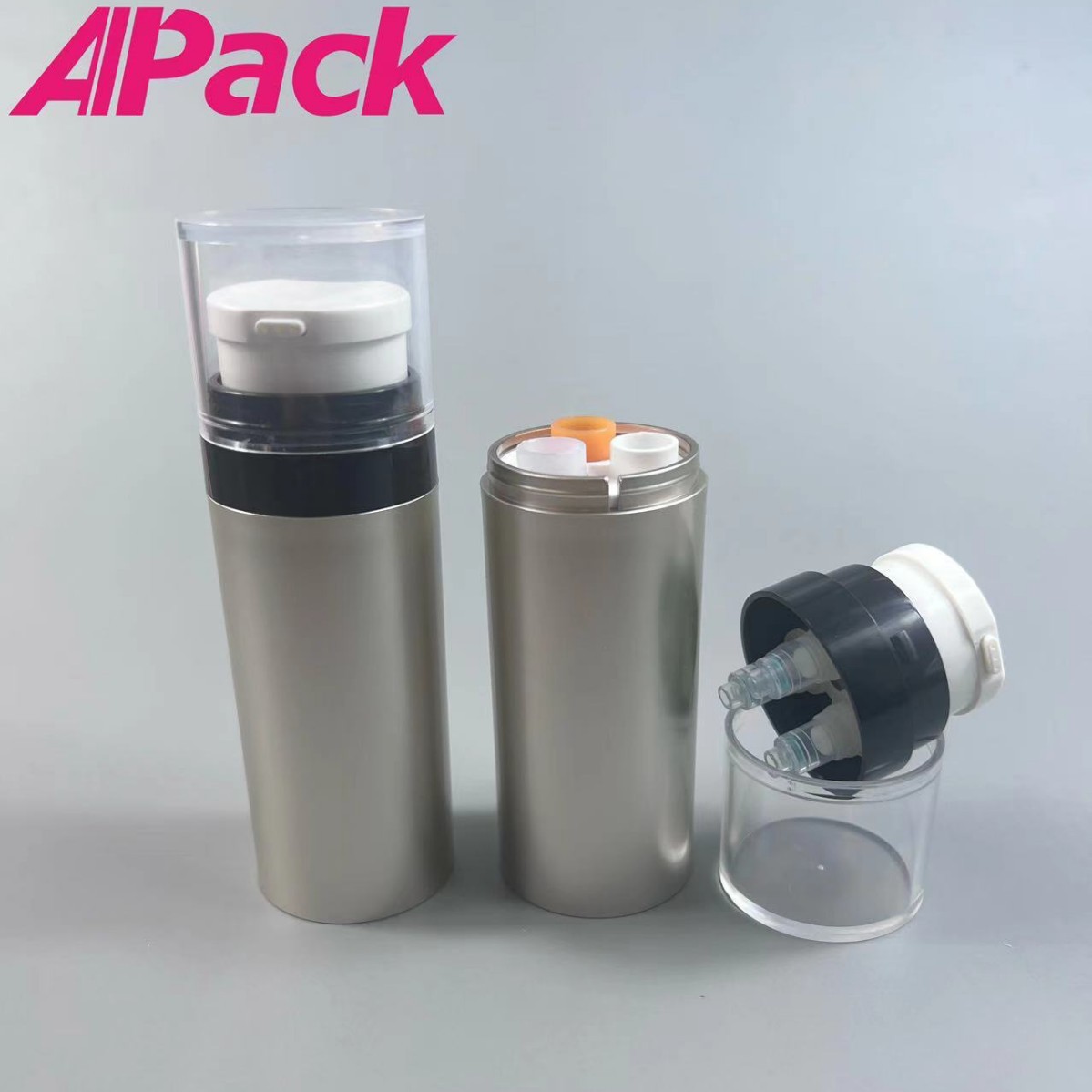 定制AS 30ml真空三管混合瓶10*3内胆PP塑料乳液按压化妆品分装瓶