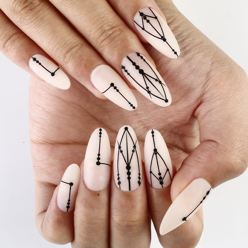 Chinese Almond Frosted Matte Black Geometric Line Pattern Wear Armor Sweet Cool Nail Art 24 Fake Nails Removable Chinese Almond Frosted Matte Black Geometric Line Pattern Wear Armor Sweet Cool Nail Art 24 Fake Nails Removable