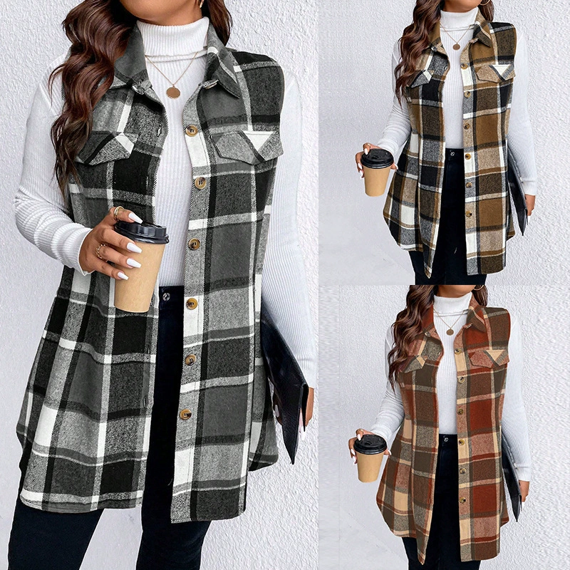 Европейский и американский клетчатый жилет без рукавов Трансграничная внешняя торговля Осень и Зима Амазонки Стиль моды Свободные женские шерстяные куртки