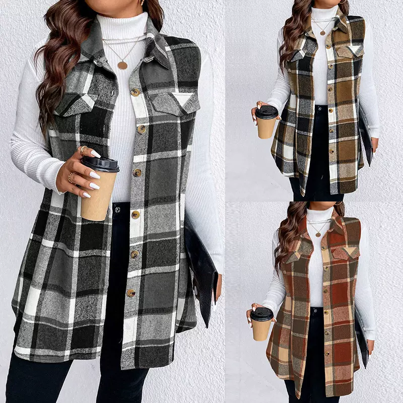 欧美格纹无袖马甲跨境外贸秋冬亚马逊ins风时尚宽松女装毛呢外套