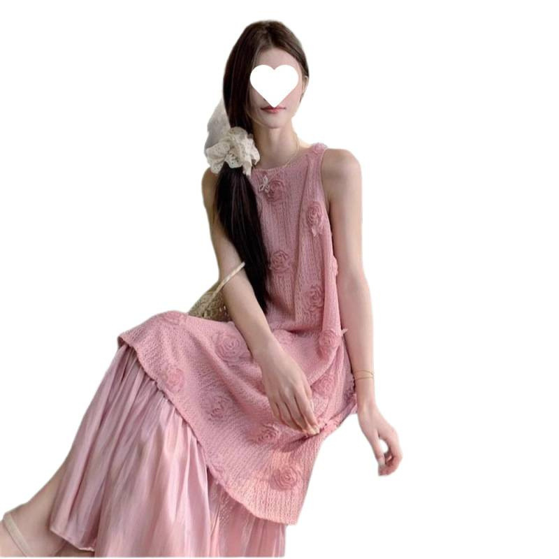 大码夏季法式复古温柔风假两件百褶无袖背心连衣裙女气质长裙|undefined