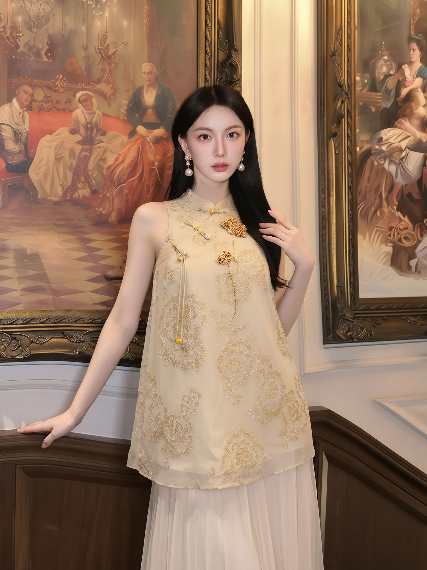Đầm maxi nữ thắt eo thiết kế cổ điển họa tiết hoa nổi — Gừng