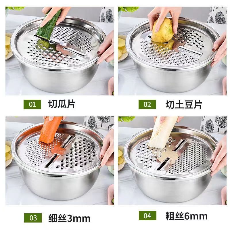 Cuenca de raspador de acero inoxidable cuenca de filtro multifuncional de cocina de cocina cuenca de tamiz de corte de platos de fábrica directa