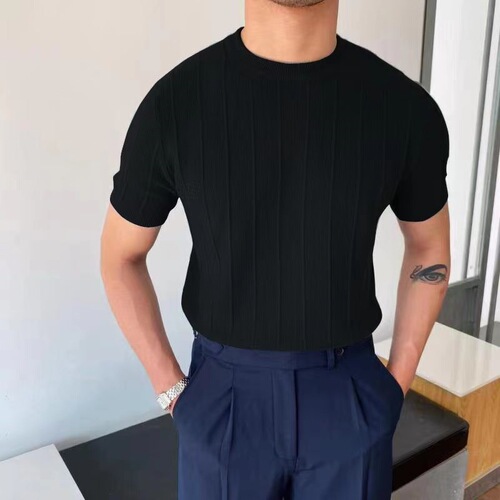 Summer round neck short sleeve t-shirt ice silk knit men's thin item Korean style light mature bottom shirt casual top