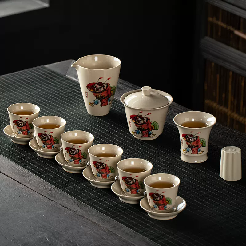 功夫茶具套装草木灰钟馗瓷家用客厅轻奢高档办公室会客礼盒装复古