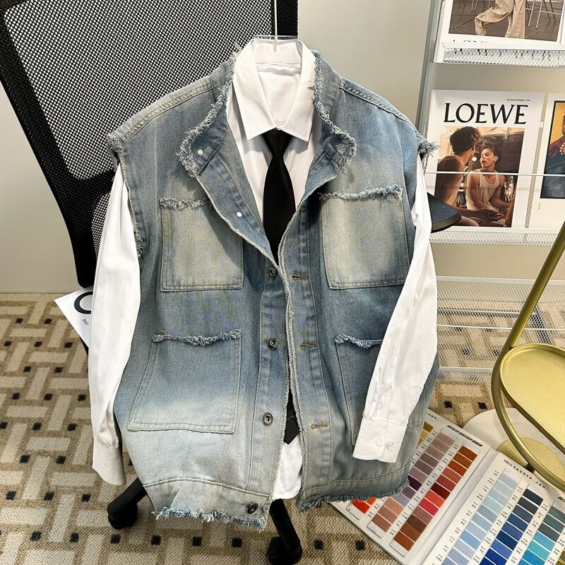 American-Style Ripped Denim Vest for Men, Summer Trendy Brand Sleeveless Vest, Fashionable Lapel Workwear Jacket