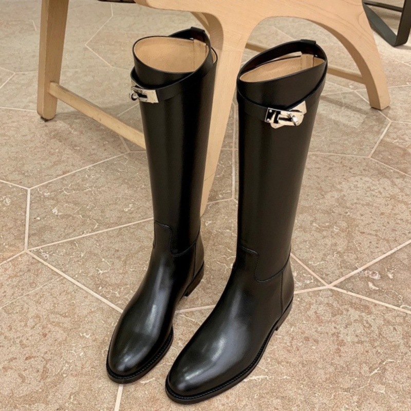 2024 winter new round head metal buckle boots women's winter but knee all-match high-barrel knight boots batch