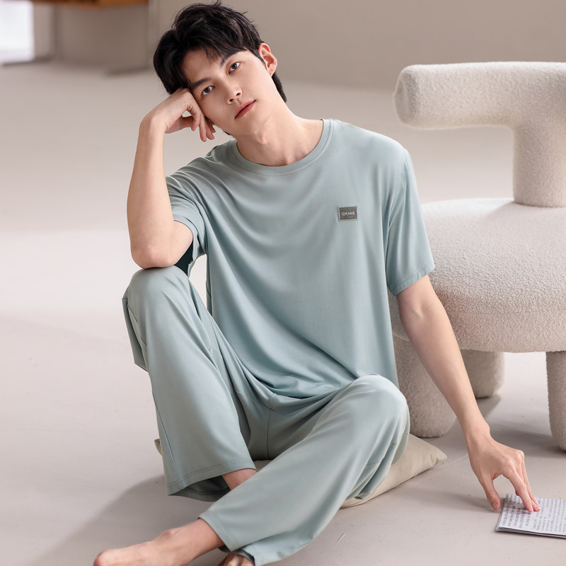 モーダルパジャマ男性夏の薄い氷糸半袖ズボン2点セットの大きいサイズの丸首カバーの家庭服