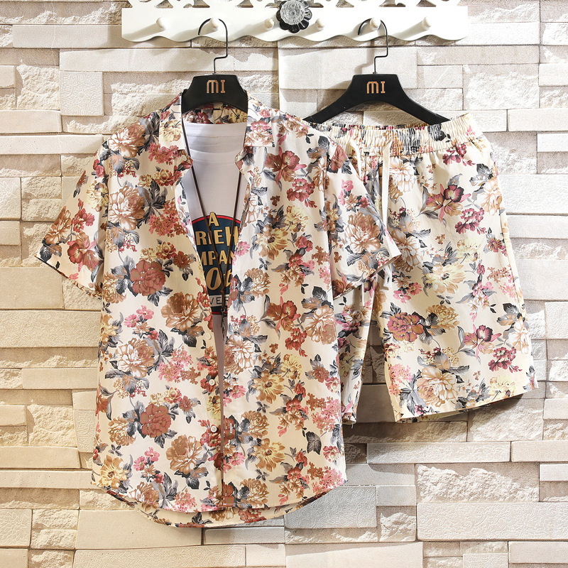 2025 New Men's Casual Suit Beach Trend Brand Fashion Floral Short-Sleeved Shirt Shorts Two-Piece Set
