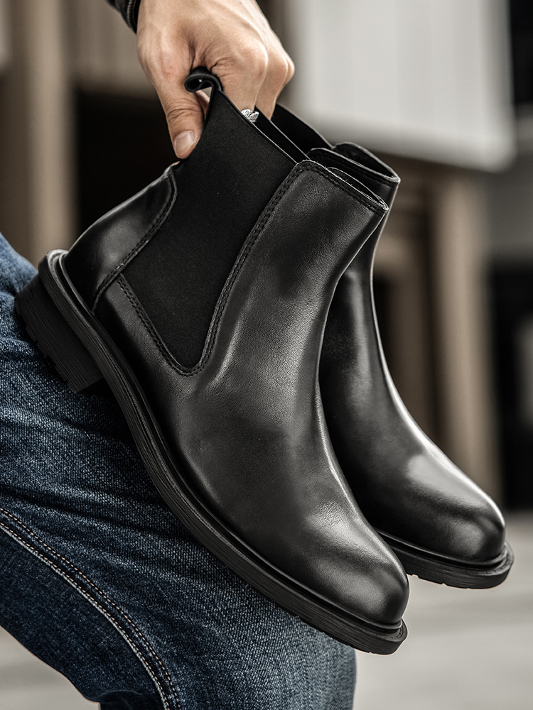 Scarpe da uomo inglesi alte da lavoro stivali spessi suola tonda testa strato di pelle bovina_voghion.com