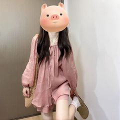 巾着ピンク日焼け止めシャツスーツ女性のための夏 2025 新しい年齢軽減カジュアルファッションニッチ非衝突 2 点セット