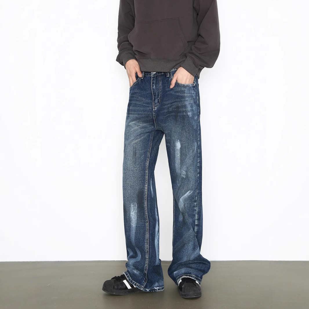 Hand-Painted American Style Straight-Leg Jeans For Men - Vintage Washed Denim Pants With Flared Hem, Comfortable Cotton Blend Fabric_mkmklike.com