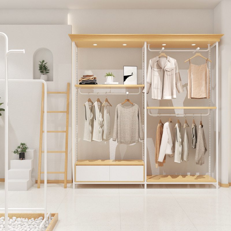 Tienda de ropa de las mujeres estante soporte de exhibición piso percha pared tienda de ropa estante percha madera maciza ropa rack