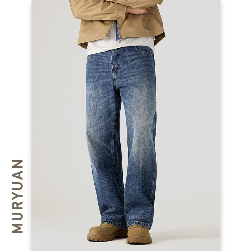 Muyuan Men's Fashion Brand Full Cat Whisker Design Jeans Men's Heavy Washed Blue Straight Pants Versatile Wide Leg Pants