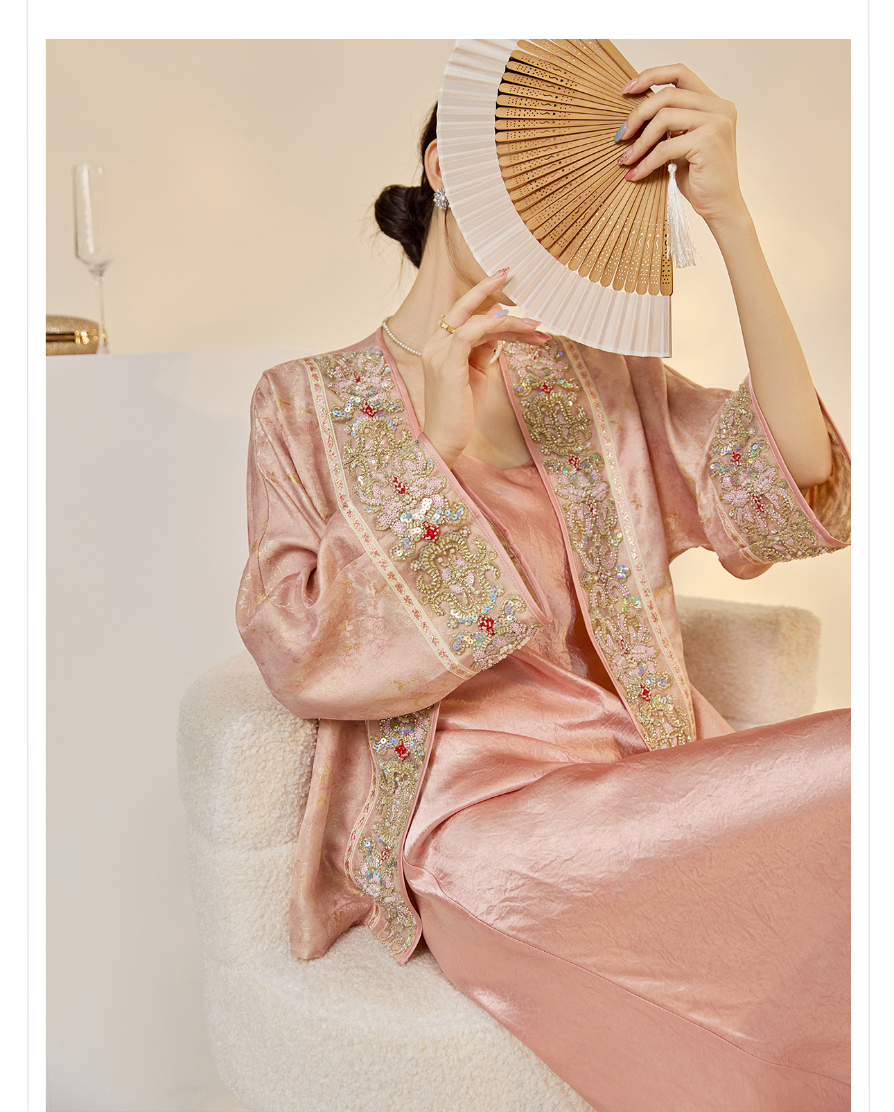 Áo khoác cardigan thêu hoa nặng kiểu Trung Hoa mới, đính cườm cao cấp N7065 — hồng chi tiết 5