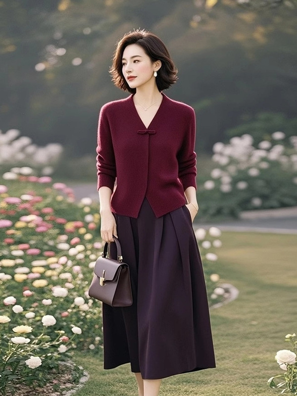 漂亮女装高端时尚搭配一整套高级感冬装气质酒红色针织毛衣裙子套|undefined