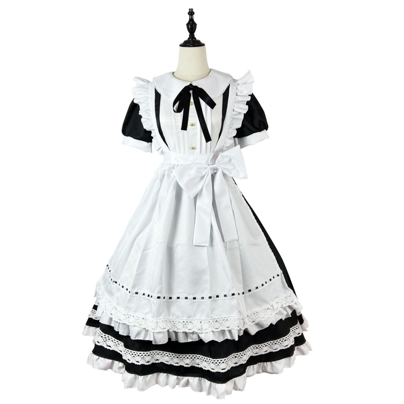 伝統的なメイドのロングスカートの長袖のメイド服の偽娘のイギリスの執事のコスプレの日系の制服のかわいいワンピース|undefined