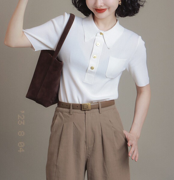 폴로 옷깃 아이스 실크 니트웨어 반팔 여성용 여름 얇은 슬리밍 우아한 포켓 티셔츠 올 매치 하프 라켓 탑