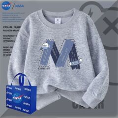 NASA秋季休闲加绒圆领字母M长袖上衣秋冬新款卡通印花儿童卫衣