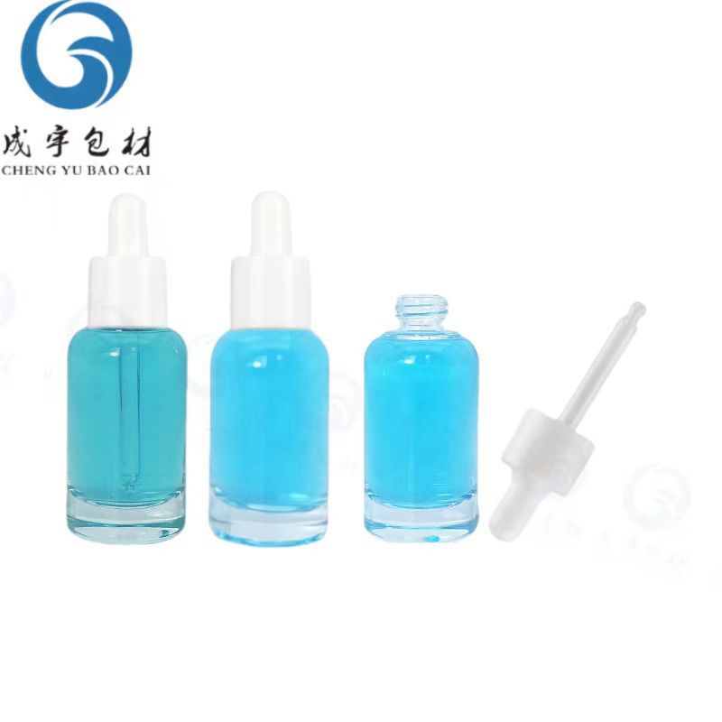 现货30ml厚底矮胖蛋糕瓶 透明滴管护肤精华液瓶 分装瓶化妆品包材