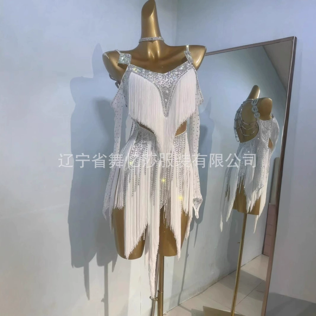 Костюмы для латиноамериканских танцев для женщин, костюмы для соревнований, костюмы для выступлений для взрослых, одежда для групповых тренировок по ча-ча с бахромой и стразами