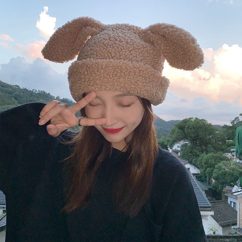 Lamb Wool Rabbit Ears Hat Women's Autumn and Winter 2021 New Warm Internet Celebrity Korean Version Cute Stuffed Pullover Hat