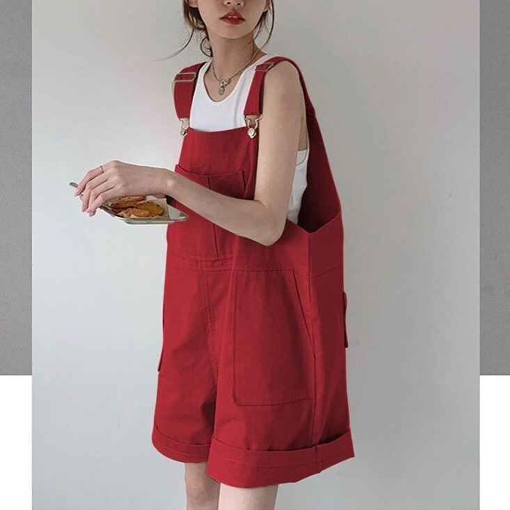 Red Large Size Cotton Overalls Overalls Shorts for Small Women Summer Style Loose High Waist Slim Wide Leg Pants