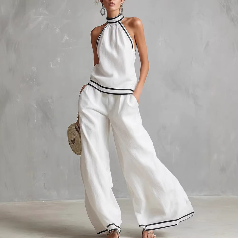 Halter Neck Sleeveless Wide-Leg Pants Set for Women, Summer European and American Style Striped Patchwork Two-Piece Set, Cross-Border Casual Vacation Style Halter Neck Sleeveless Wide-Leg Pants Set for Women, Summer European and American Style Striped Patchwork Two-Piece Set, Cross-Border Casual Vacation Style