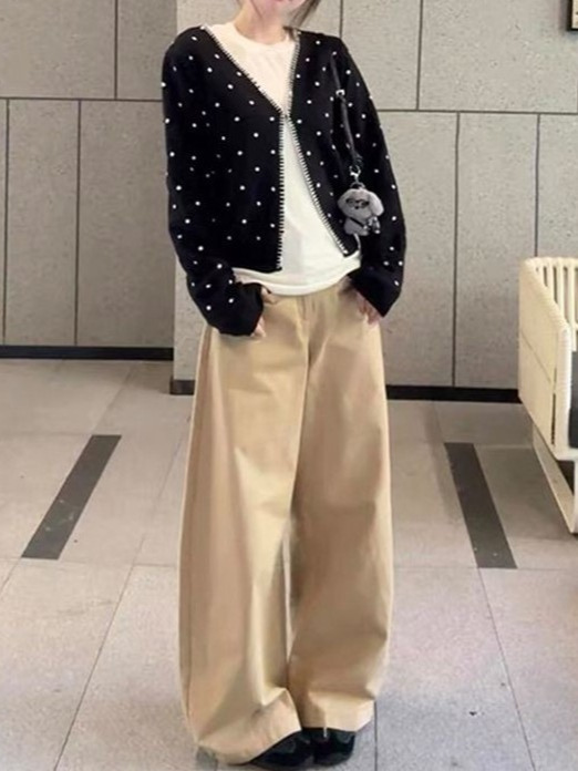 韩系黑色波点V领假两件针织开衫外套女秋季新款慵懒宽松毛衣上衣|undefined