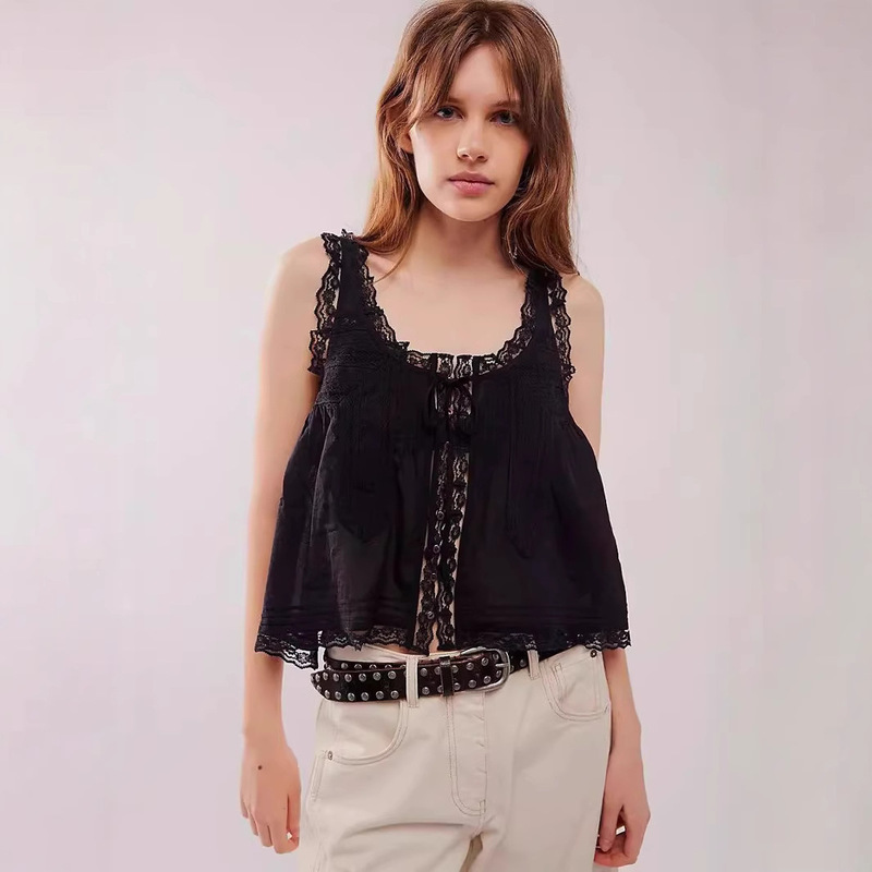 2025 New Solid Color Lace Stitching Sweet Slim Small Camisole Button Women's Summer Top
