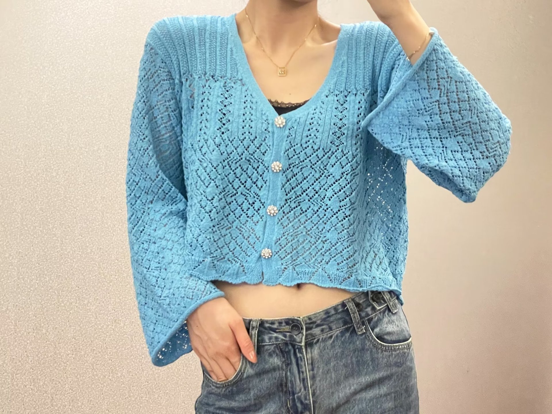 solid color artificial jewelry button knitted cardigan NSAM135929